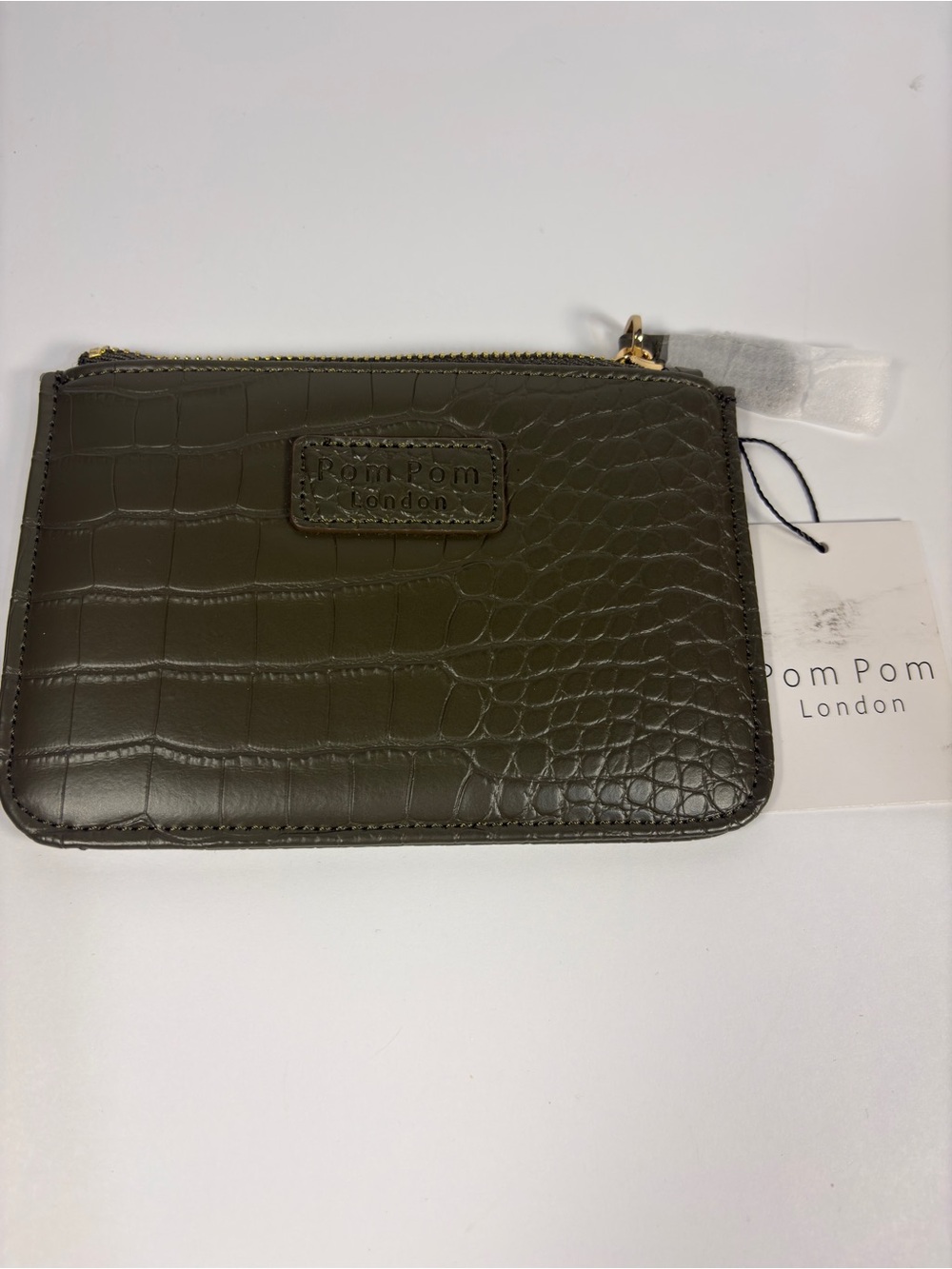Pom Pom London Chelsea Coin Purse Olive Green Croc Leather NWT Minimalist Travel - Picture 2 of 12